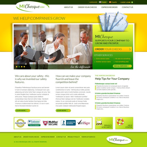 Yellow website with the title 'Financial website design for Micheque.com'