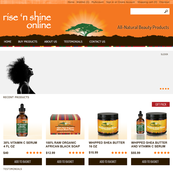 Skin care website with the title 'Web page design for Rise 'N Shine'