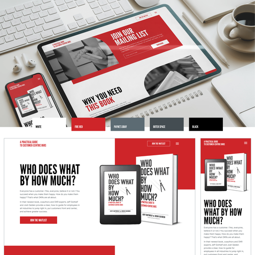 Red website with the title 'OKR Book | Landing Page Design'