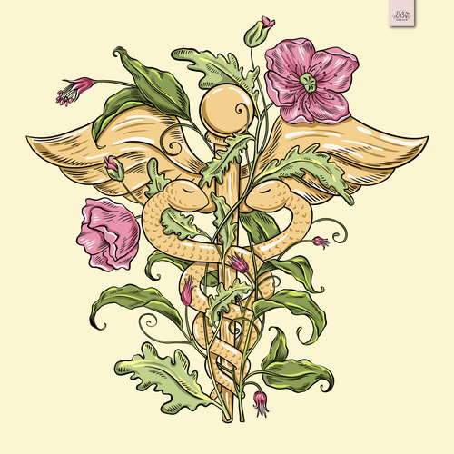 Floral artwork with the title 'Hippocratic Oath illustration'