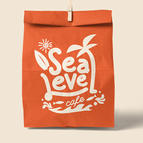 Surfboard design with the title 'SEAN LEVEL CAFÉ'