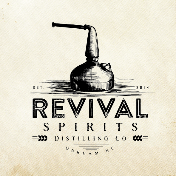 Whiskey logo with the title 'Old School craft distillery logo for Revival Spirits Distilling Co.'