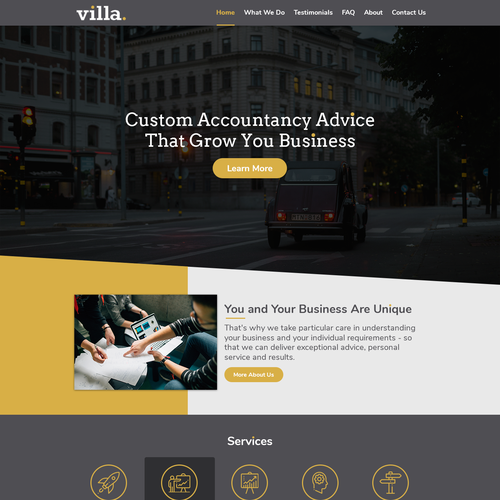 Yellow website with the title 'Home page design for proactive and quality accounting firm'