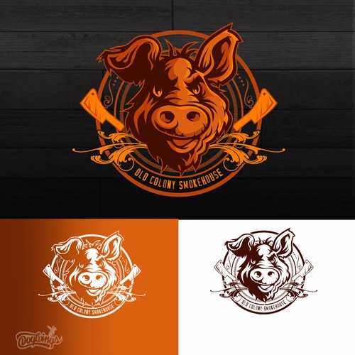Smokehouse design with the title 'OLD COLONY SMOKEHOUSE PIG'