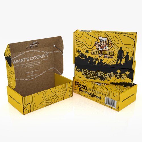 Pizza box design with the title 'PRODUCT PACKAGING FOR PIZZA HUNTER'