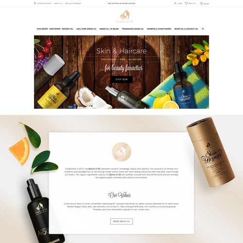 Cosmetics website with the title 'Homepage proposal for woman luxury organic haircair and skincare business'