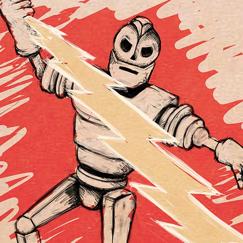 Metal artwork with the title 'Robot throwing a lightning bolt (concept)'