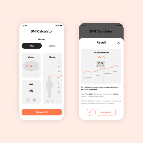 Calculator design with the title 'BMI Calculator app concept'