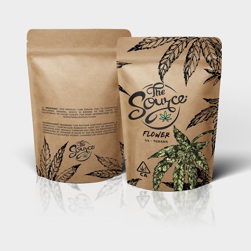 Paper bag packaging with the title 'Cannabis Flower Bag Design'