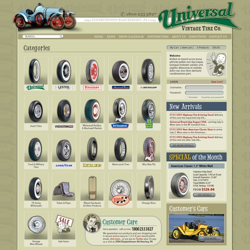 Automotive website with the title 'Vintage Tire website design'