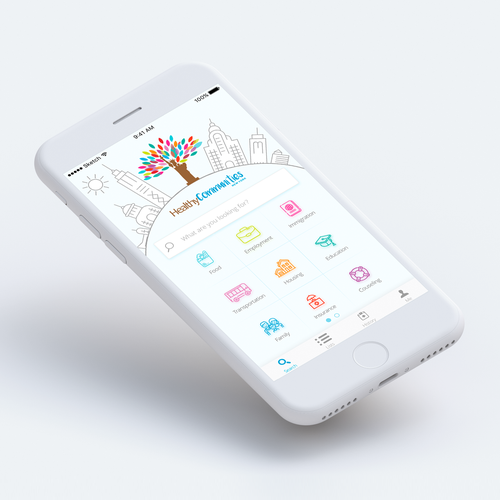 Social networking design with the title 'NYC Social Services Discovery App'