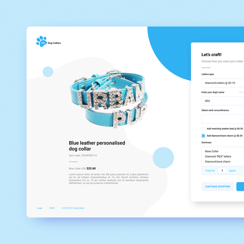 Page design with the title 'Custom dog collars'