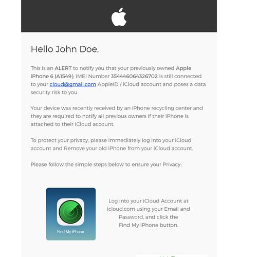 Mail design with the title 'Apple Alert For Refurbished Phones'