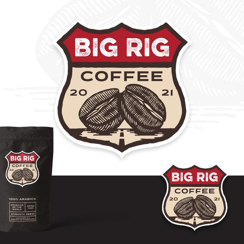 Linocut design with the title 'Winning design for Big Rig Coffee'