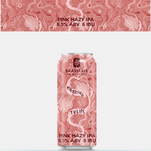 Pink label with the title 'Migrating Tulips Beer Can Design'