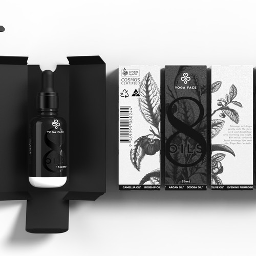 Black and white packaging with the title 'Black and white for an Australian skincare brand.'