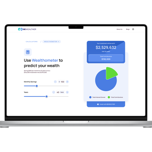 Product design website with the title 'Wealthometer Calculator'