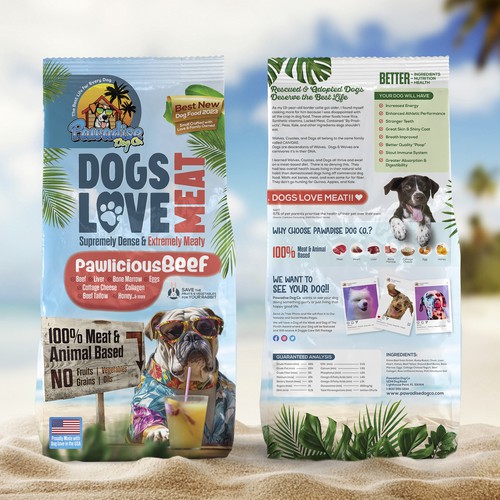 Tropical packaging with the title 'Pawadise Dog Co. Tropical Dog Food Packaging'