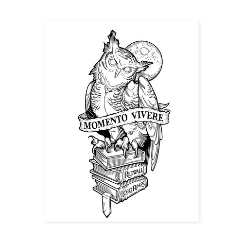 Line art illustration with the title ' Gothic Engraving Owl Design'