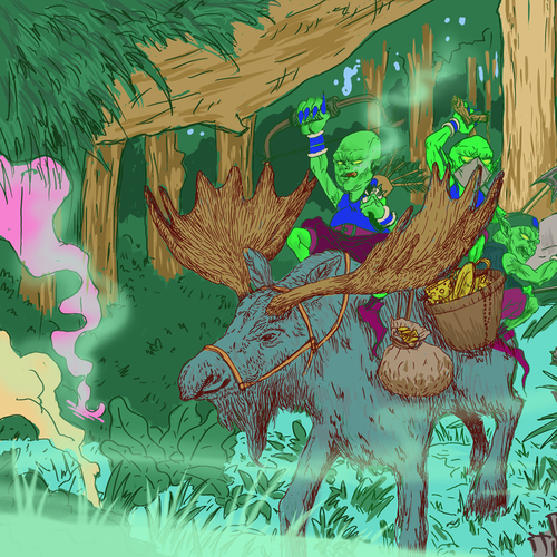 Forest illustration with the title 'Elf riding a moose '