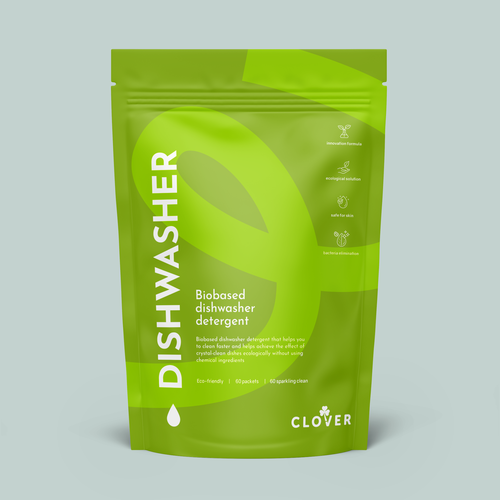 Packaging with the title 'Pouch design for Biobased Dishwasher Detergent - CLOVER'