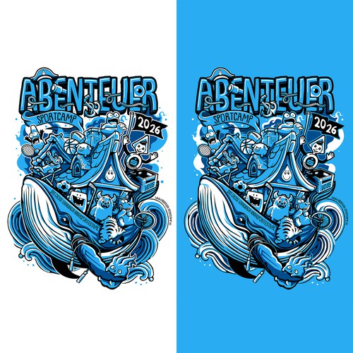 Hand-drawn t-shirt with the title 'Abenteuer Sportcamp 2026'