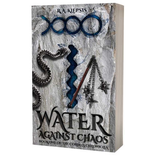 Snake design with the title 'Book cover design - Water Against Chaos by R.A.Klepsis'