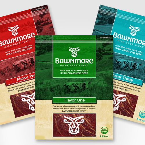 Red packaging with the title 'Beef jerky product'