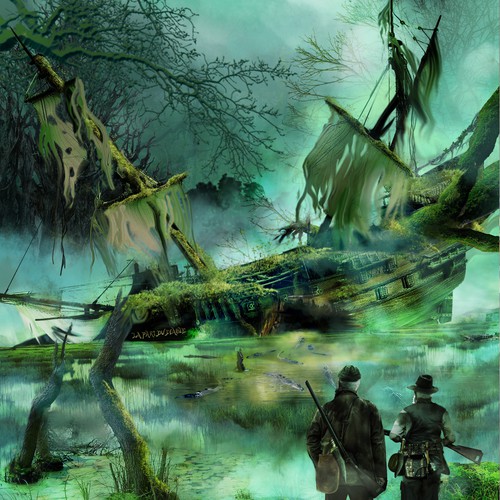 Ship artwork with the title 'two trappers in swampy waters'