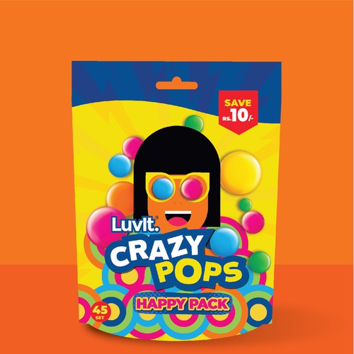 Colorful packaging with the title 'Crazy Pops Packaging'