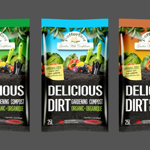 Vegetable packaging with the title 'DELICIOUS DIRT '