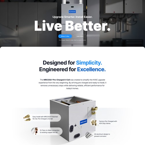 Product design with the title 'Landing page for Mr. Cool pre-charged coil'