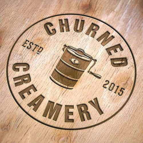 Greek food logo with the title 'Churned Creamery - freshly churning ice cream right in front of the customer.'