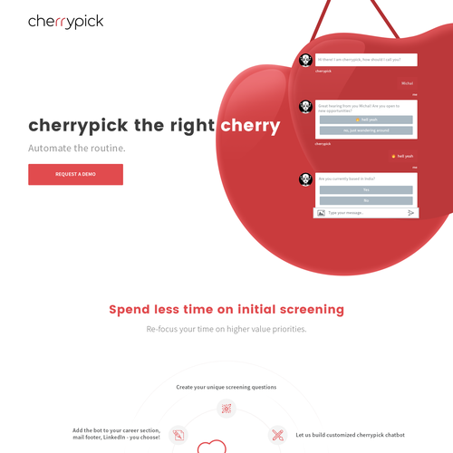 Bot design with the title 'cherrypick landing page'