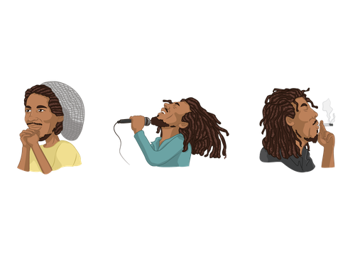 Cartoon artwork with the title ' Bob Marley Stickers Set'