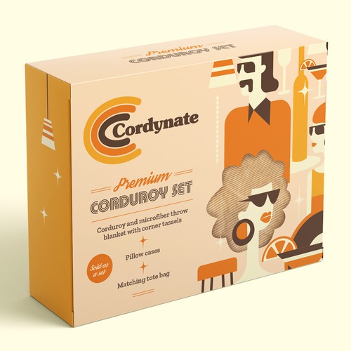 Retro packaging with the title 'Corduroy bed linen set (blanket and pillow cases) packaging '