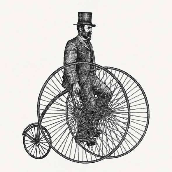 Bike illustration with the title 'Illustration of a stately 19th century gentleman on a bicycle'