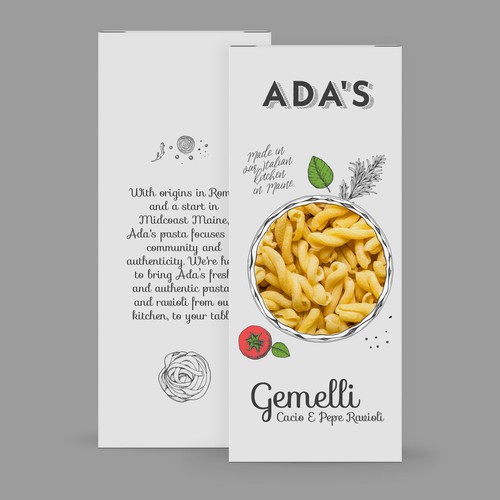 Pasta packaging with the title 'Ada's pasta'