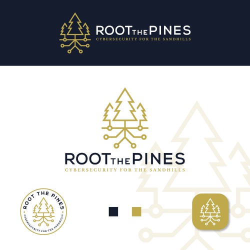 Cyber security logo with the title 'Root The Pines Logo'
