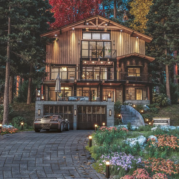 Facade design with the title '3D Rendering of a luxurious house in Lake Tahoe'