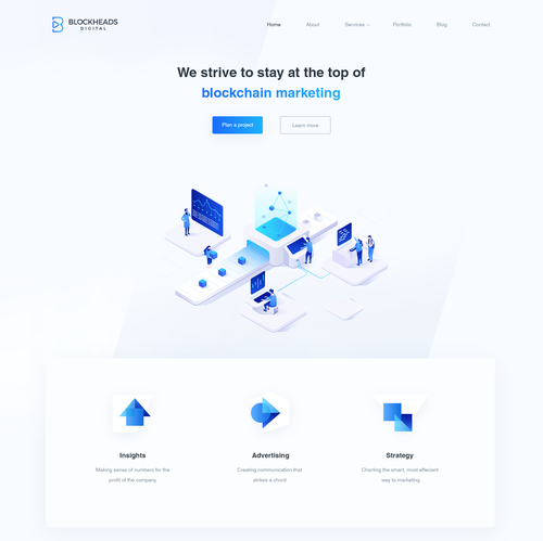 Isometric website with the title 'Clean, modern, futuristic design for Blockheads Digital'