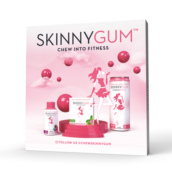 Energy drink design with the title 'Skinny Gum Event Display'