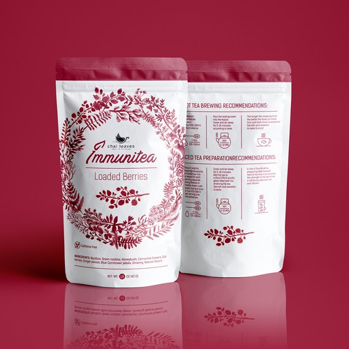 Brand label with the title 'Immunitea - Luse Leaf Tes'