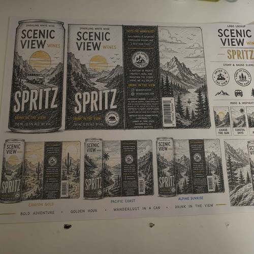 Brand packaging with the title 'Scenic View Wines: Beverage Can Label System'