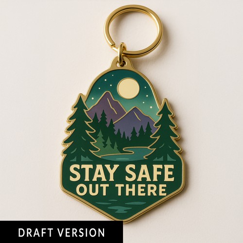 Keychain design with the title 'Adventure-Inspired Mountain and Forest Safety Reminder Keychain '