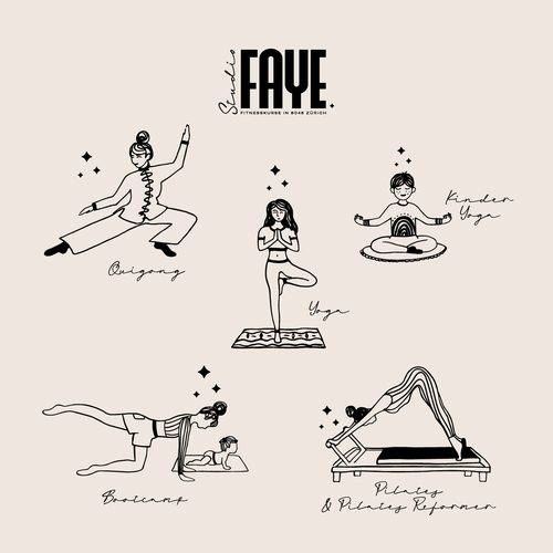 Pilates design with the title 'Illustrations for Group Fitness Studio FAYE'