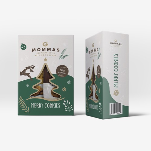 Christmas packaging with the title 'Holiday Package for G MOMMAS Cookies Product'