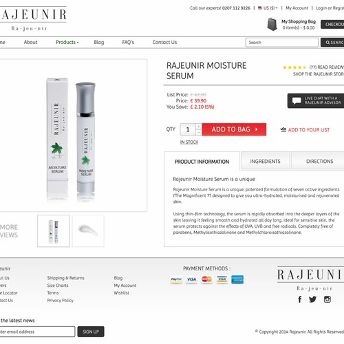 Cosmetics website with the title 'rajeunir.co.uk Web Site'