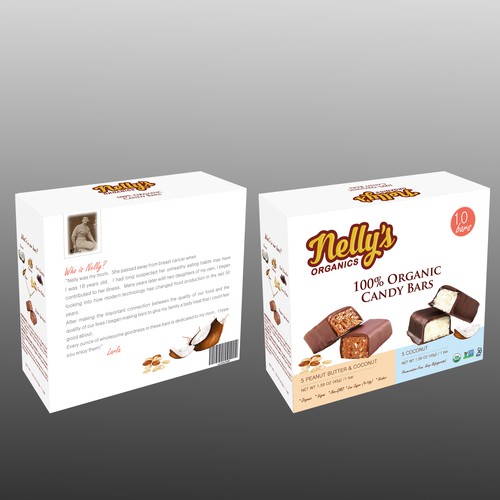 Chocolate bar design with the title 'Design us a KICK-ASS package for NELLY'S Organic Candy Bars!'