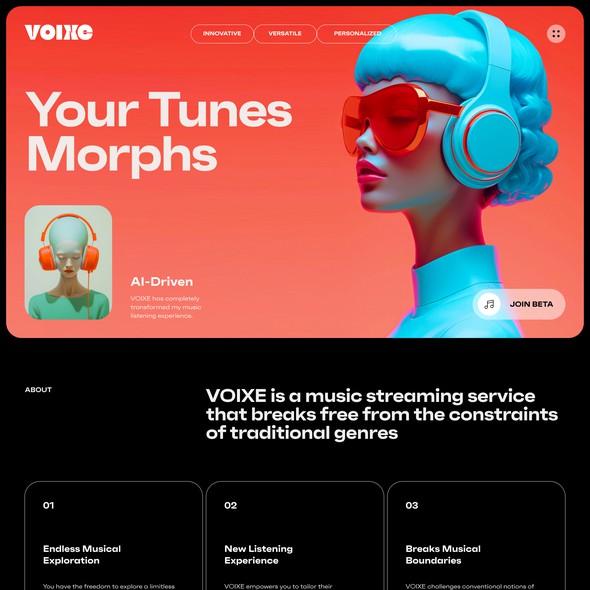 Music website with the title 'Modern Website Concept for AI-Driven Music Streamiong  App'